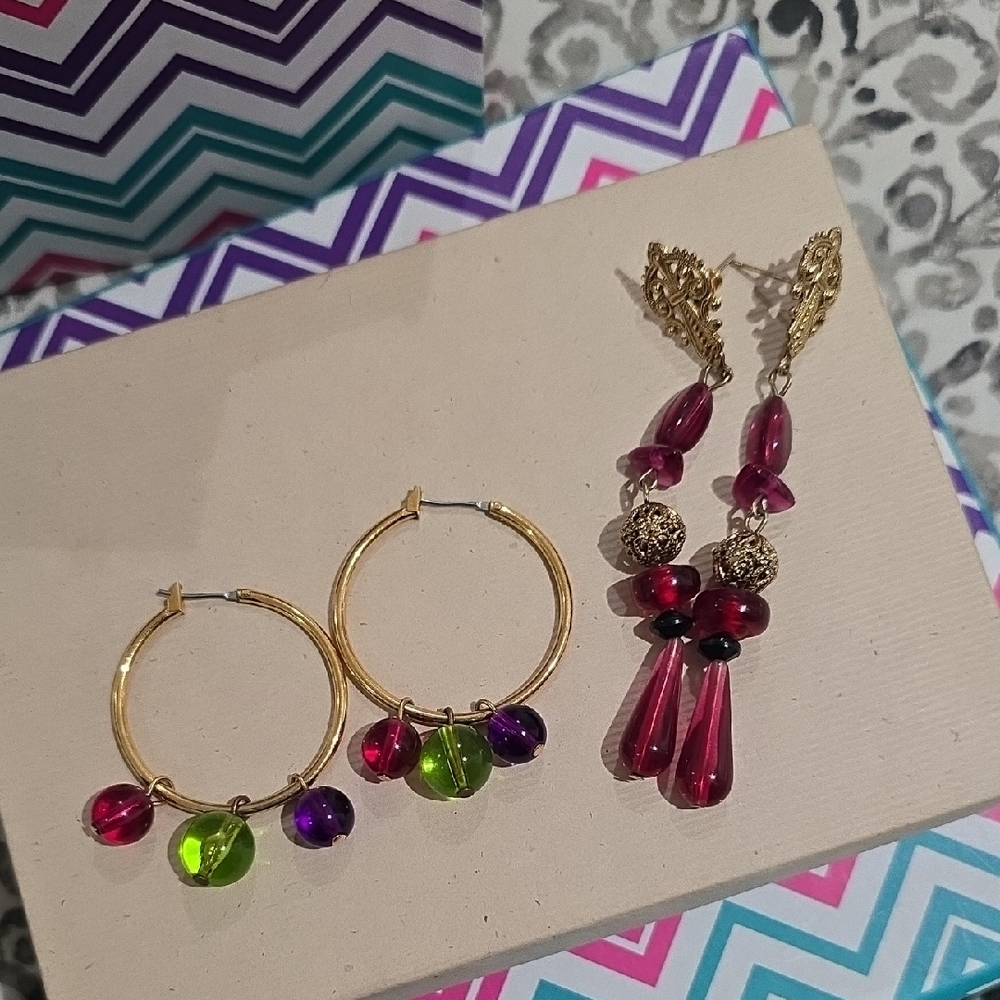 Gold Hoop Earrings with Multicolor Charms X2 Set Vintage